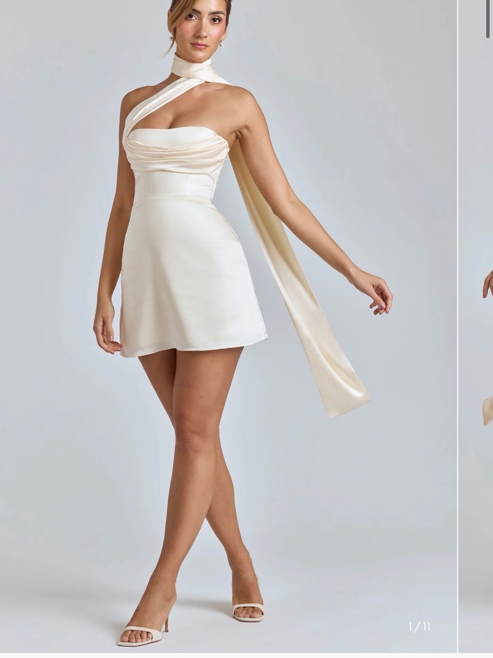 Oh Polly Ivory One-Shoulder Mini Dress with Draped Scarf